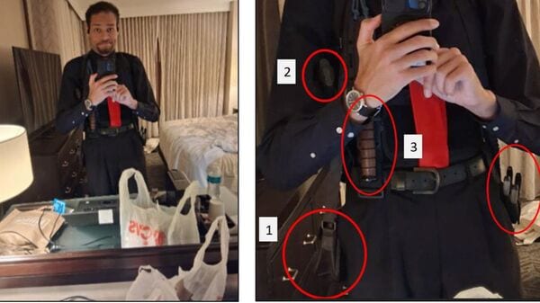 This image contained in a court filing by the Department of Justice, April 29, 2026, shows Cole Tomas Allen, left,  inside his hotel room, on Saturday, April 25, 2026 in Washington, using his cellphone to take a photograph of himself in the mirror. An enhanced version of the image is right. (Department of Justice via AP)