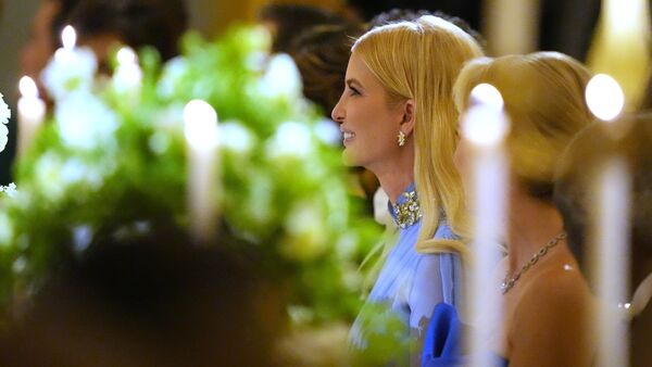 Ivanka Trump listens as Britain's King Charles III speaks during a State Dinner with President Donald Trump, first lady Melania Trump and Queen Camilla in the East Room of the White House State Dinner Tuesday, April 28, 2026, in Washington. (AP Photo/Alex Brandon)