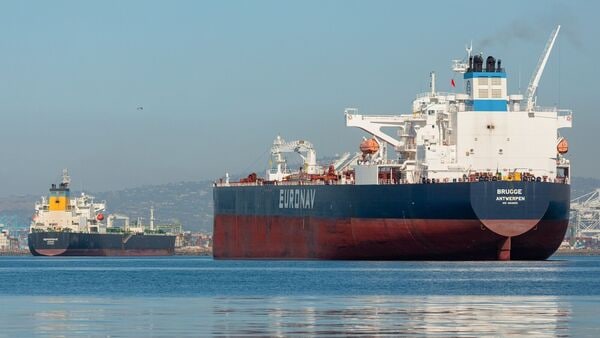 The Brugge oil tanker anchored off the Port of Long Beach in Long Beach, California, US, on Thursday, May 7, 2026. The near closure of the Strait of Hormuz has sparked a global fuel crunch, and consumers are getting saddled with soaring prices. Photographer: Tim Rue/Bloomberg