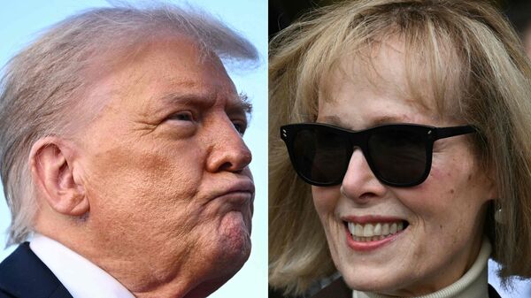 This combination of pictures created on September 08, 2025 shows, L/R, US President Donald Trump at Joint Base Andrews in Maryland on September 7, 2025 and US writer E. Jean Carroll departing the Manhattan Federal Court in New York City on May 9, 2023.