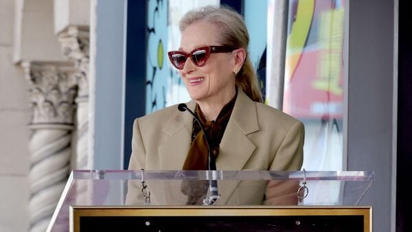 Meryl Streep speaks during the Walk of Fame Induction Ceremony for Stanley Tucci and Emily Blunt on April 30