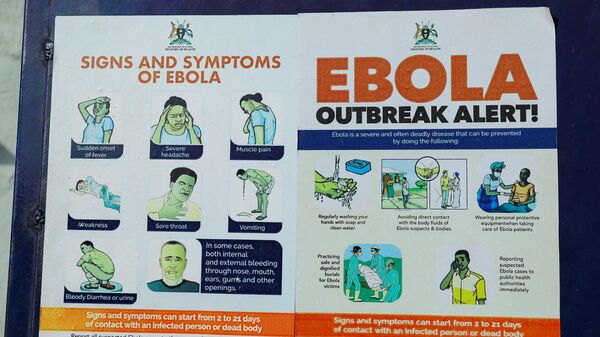FILE PHOTO: An advocacy poster against the spread of Ebola virus is placed along the walkway at the Platinum Medical Centre, as aid agencies intensify efforts to contain a new Ebola outbreak involving the Bundibugyo Virus in Kampala, Uganda, May 26, 2026.