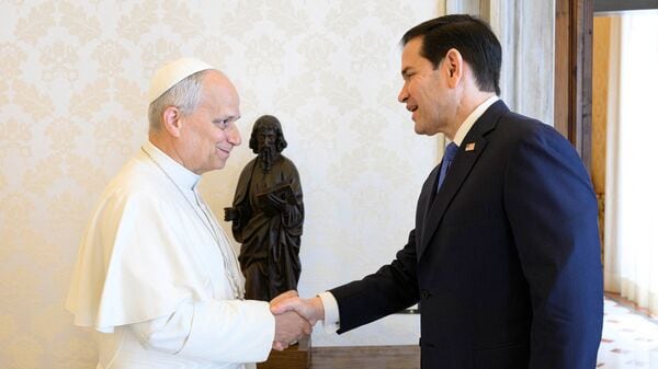 Pope Leo XIV meets U.S. Secretary of State Marco Rubio at the Vatican, May 7, 2026. Vatican Media/Simone Risoluti/Handout via REUTERS ATTENTION EDITORS - THIS IMAGE WAS PROVIDED BY A THIRD PARTY