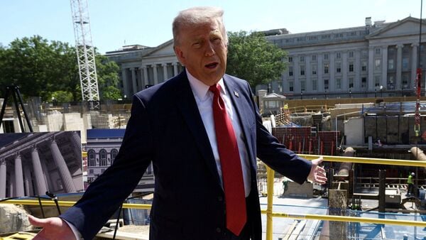 U..S. President Donald Trump gestures at the site of ongoing construction of the planned White House ballroom in Washington, D.C., U.S., May 19, 2026. REUTERS/Kevin Lamarque