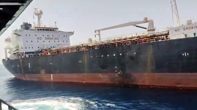 A visual of the Palau-flagged oil tanker MT Settebello, with 24 Indian seafarers on board, attacked by U.S. forces off the coast of Oman, near Strait of Hormuz, on Wednesday. (ANI)