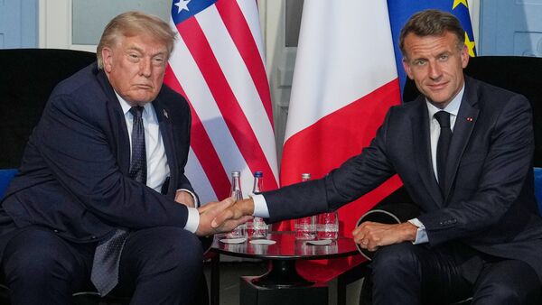 President Donald Trump meets with French President Emmanuel Macron during a bilateral meeting on the sidelines of the G7 summit, Monday, June 15, 2026, in Evian-les-Bains, France. AP/PTI