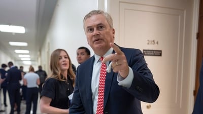 House Oversight Committee Chairman James Comer, R-Ky., arrives to hold a closed-door interview with Leon Black, a billionaire who was close with Jeffrey Epstein, at the Capitol in Washington, Friday, June 26, 2026. (AP Photo/J. Scott Applewhite) (AP Photo/J. Scott Applewhite)