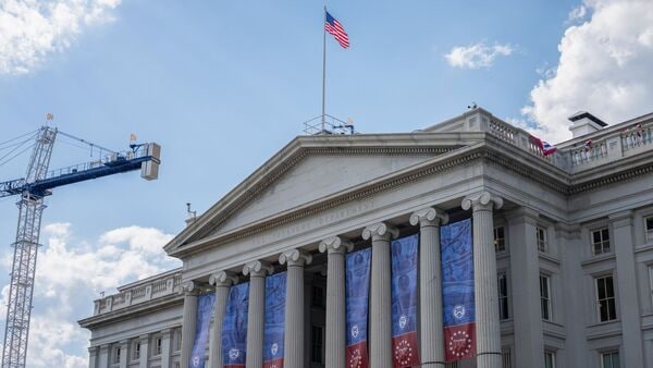 America 250 signage on the US Treasury Department in Washington, DC, US, on Wednesday, June 17, 2026. Photographer: Aaron Schwartz/Bloomberg