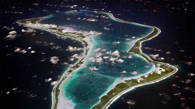 FILE - This image released by the U.S. Navy shows an aerial view of Diego Garcia in the Chagos Island group. (U.S. Navy via AP, File) (AP)