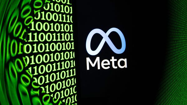 This illustration photograph shows the logo of the US multinational technology Meta company displayed on a smartphone