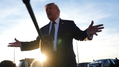 President Donald Trump talks to the media after disembarking Air Force One at Paris Orly Airport, Wednesday, June 17, 2026, in Orly, France. (AP Photo/Julia Demaree Nikhinson)