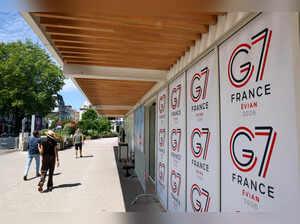 G7 logos are pictured on the pier ahead of the G7 summit in Evian-les-Bains