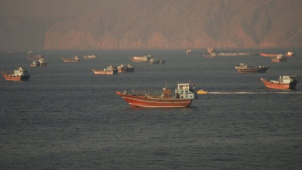 Vessels at the Strait of Hormuz, as seen from Musandam, Oman, June 15, 2026.