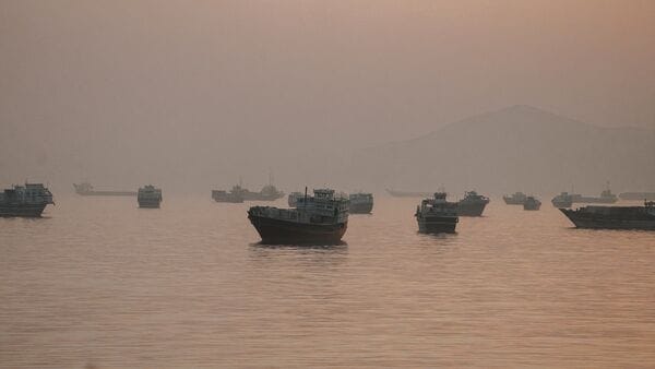 A view of vessels anchored in the Strait of Hormuz as seen from Musandam, Oman on 3 June 2026 amid ongoing negotiations over peace deal.