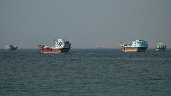 Vessels at the Strait of Hormuz, as seen from Musandam, Oman, June 26, 2026. (Reuters)