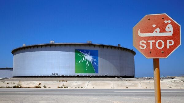 FILE PHOTO: An Aramco tank is seen at Saudi Aramco's Ras Tanura oil refinery