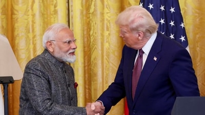 US President Donald Trump and Prime Minister Narendra Modi shake hands as they attend a joint press conference at the White House in Washington. (REUTERS)
