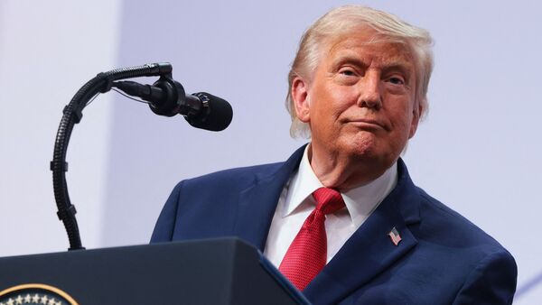 EVIAN-LES-BAINS, FRANCE - JUNE 17: U.S. President Donald Trump attends a press conference during the G7 Leaders' Summit on June 17, 2026 in Evian-les-Bains, France. Leaders from the Group of 7 (G7) countries convened in Evian, France, near the Swiss border, for their annual summit to discuss challenges to peace and security for Ukraine and Europe, the situation in the Middle East, and other geopolitical issues.   Anna Moneymaker/Getty Images/AFP (Photo by Anna Moneymaker / GETTY IMAGES NORTH AMERICA / Getty Images via AFP)