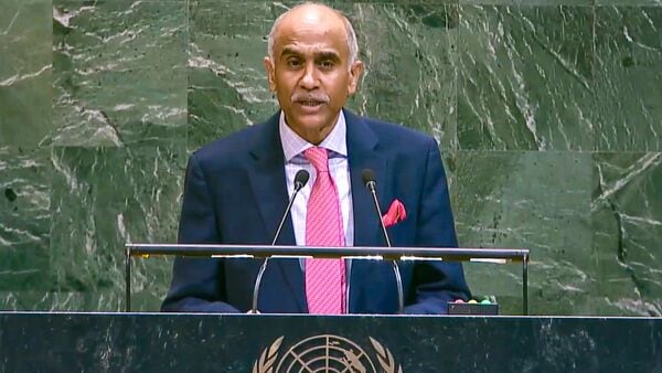 Permanent Representative of India to the United Nations, New York, Parvathaneni Harish delivers a statement at the UN General Assembly Plenary on Annual Report of the Security Council.