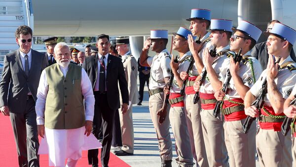Prime Minister Narendra Modi being accorded a Guard of Honour as he is received by France's Minister of Higher Education, Research and Space Philippe Baptiste upon his arrival at the Nice Cote d'Azur Airport, in Nice, France.