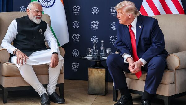 Prime Minister Narendra Modi during a meeting with U.S. President Donald Trump on the sidelines of the G7 Summit, in Evian-les-Bains, France. (PMO via PTI Photo)