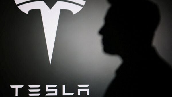 The silhouette of Elon Musk and Tesla logo are seen in this illustration.