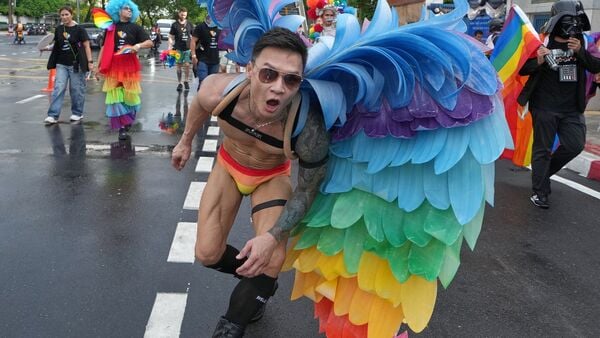 A participant takes part in the annual Pride Parade to celebrate the LGBTQ+ community's Pride Month in Bangkok, Thailand, Sunday, May 31, 2026. (AP Photo/Sakchai Lalit)