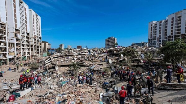 TOPSHOT - A rescue dog from the Argentine search and rescue team searches for bodies in the rubble of a collapsed building in Caraballeda, La Guaira state, Venezuela, on June 28, 2026, following twin earthquakes. Thousands of rescuers, relatives and volunteers dig day and night through mounds of concrete to find survivors of the earthquakes that struck Venezuela more than three days ago, leaving nearly 1,500 dead and tens of thousands missing. (Photo by Miguel MEDINA / POOL / AFP)