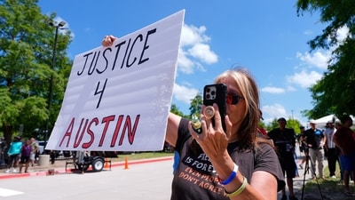 Jeff Metcalf confronted Karmelo Anthony, who murdered his son Austin, demanding he take responsibility. (AP Photo/Tony Gutierrez) (AP Photo/Tony Gutierrez)