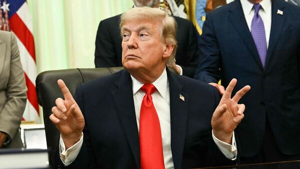 US President Donald Trump in the Oval Office of the White House in Washington, DC.