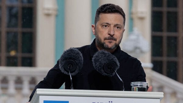 Ukraine's President Volodymyr Zelensky addresses media representatives alongside the NATO Secretary General as they attend a press conference in Kyiv on June 3, 2026, amid the Russian invasion of Ukraine. (Photo by Tetiana DZHAFAROVA / AFP)
