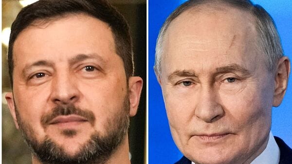 FILE PHOTO: Ukraine's President Volodymyr Zelensky, Left, and Russian President Vladimir Putin, Right, at a Technology Forum in Moscow on Feb. 21, 2025.