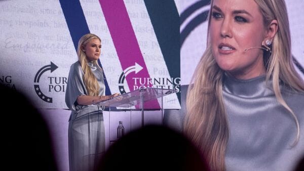 CEO of Turning Point USA Erika Kirk speaks during the Turning Point Women's Leadership Summit in San Antonio, Texas, U.S., June 5, 2026. REUTERS/Joel Angel Juarez