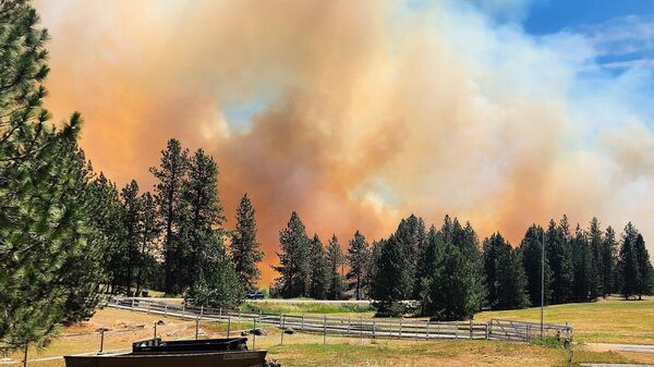 This photo provided by Scott Crawford shows the Upriver Fire sending a plume of smoke in the air on Tuesday, June 16, 2026 near Spokane, Wash. (Scott Crawford via AP)