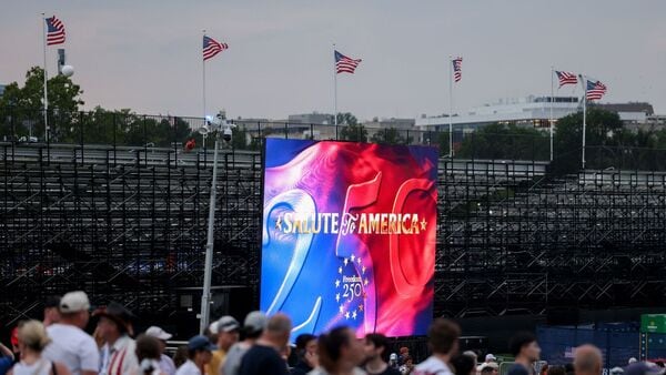Signage during the Salute to America event on the National Mall in Washington, DC, US, on Saturday, July 4, 2026. Photographer: Valerie Plesch/Bloomberg