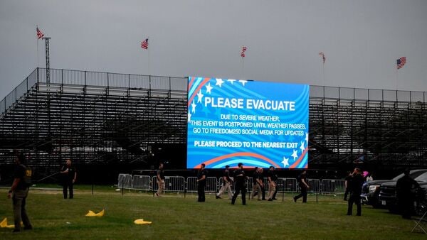 'Please Evacuate' signage due to incoming storms ahead of the 'Salute to America' event on the National Mall in Washington, DC, US, on Saturday, July 4, 2026.