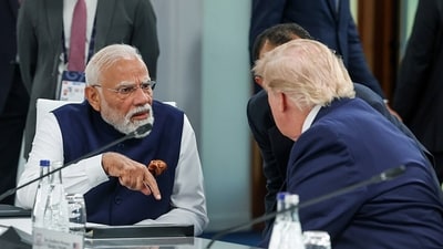 Prime Minister Narendra Modi interacts with US President Donald Trump at the G7 Summit, in Evian (@narendramodi X)
