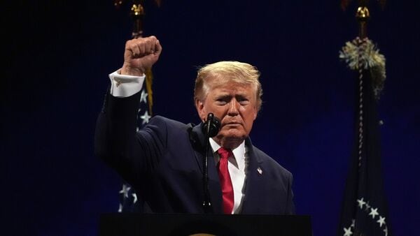 President Donald Trump gestures at the conclusion of his speech during Salute to America, an Independence Day event honoring the nation's 250th anniversary, Saturday, July 4, 2026, on the National Mall in Washington.