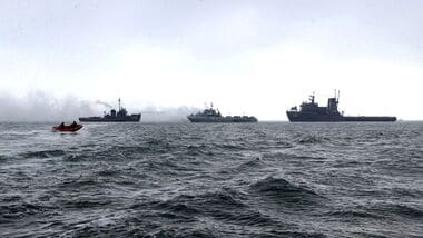 FILE PHOTO: Navy ships of Iran and Azerbaijan move during an exercise between Iran and Azerbaijan in the Caspian Sea, Iran, in this picture obtained on November 4, 2024.