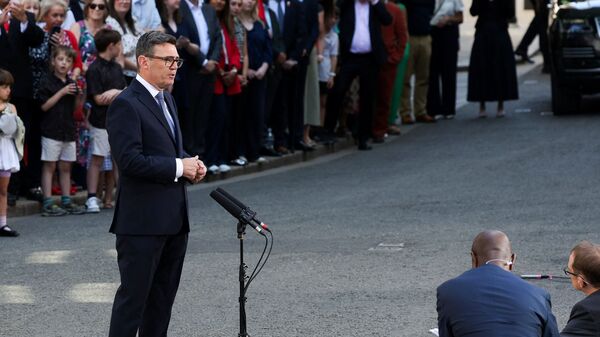 Britain's newly appointed Prime Minister Andy Burnham delivers a speech outside 10 Downing Street after taking office, in London, Britain, July 20, 2026.