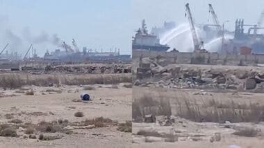 Water jets are fired at a gas tanker after a drone strike, maritime security firm Ambrey said, at Damietta port in Egypt on Wednesday