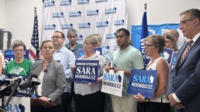 Sara Rodriguez, who was Democratic candidate for Wisconsin governor, speaks to supporters, Monday, July 13, 2026, in Madison, Wis. (AP Photo/Scott Bauer) (AP Photo/Scott Bauer)