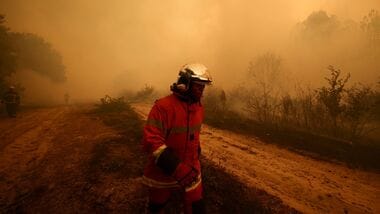 A firefighter walks amid smoke from a wildfire in Lege-Cap-Ferret in the Gironde department, amongst worsening drought conditions following a heatwave and water shortages across much of France, July 24, 2026. REUTERS/Stephane Mahe     TPX IMAGES OF THE DAY