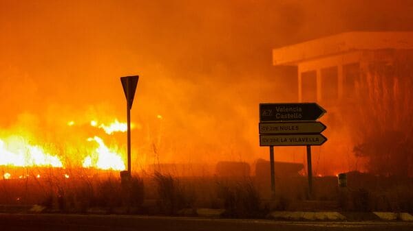 Flames burn during a wildfire in La Vall d'Uixo, Castellon, Spain, July 25, 2026.