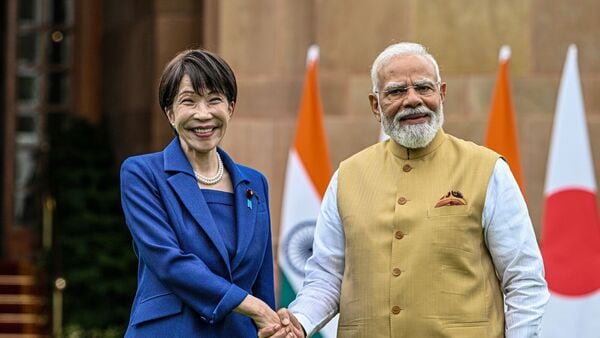Sanae Takaichi, Japan's prime minister, left, shakes hands with Narendra Modi, India's prime minister, at Hyderabad House in New Delhi, India, on Thursday, July 2, 2026.