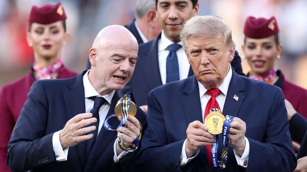FIFA President Gianni Infantino and U.S. President Donald Trump watch the medal at the award ceremony following the FIFA World Cup 2026 Final match between Spain and Argentina at New York New Jersey Stadium on July 19, 2026 in East Rutherford, New Jersey.