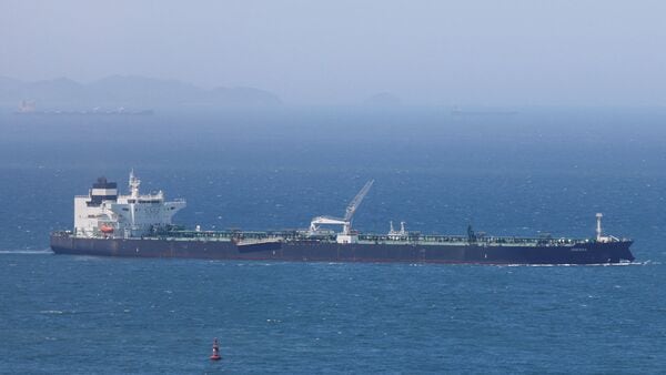 FILE PHOTO: Crude oil tanker Odessa, carrying UAE crude after passing through the Strait of Hormuz with its Automatic Identification System transponder turned off, navigates the waters at Daesan port, where it is expected to discharge crude oil, in Seosan, South Korea, May 8, 2026.