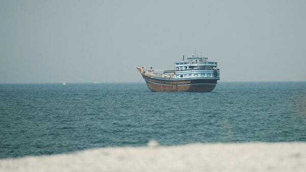 A vessel at the Strait of Hormuz, as seen from Musandam, Oman, on 13 July 2026. (Reuters)