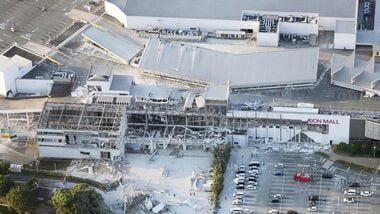 An aerial view shows the damaged Aeon Mall shopping centre after an earthquake with a preliminary magnitude of 7.1 struck Japan's southern Kumamoto prefecture, in Kashima Town, Kumamoto Prefecture, Japan, July 28, 2026. Kyodo/via REUTERS ATTENTION EDITORS - THIS IMAGE HAS BEEN SUPPLIED BY A THIRD PARTY. MANDATORY CREDIT. JAPAN OUT. NO COMMERCIAL OR EDITORIAL SALES IN JAPAN.