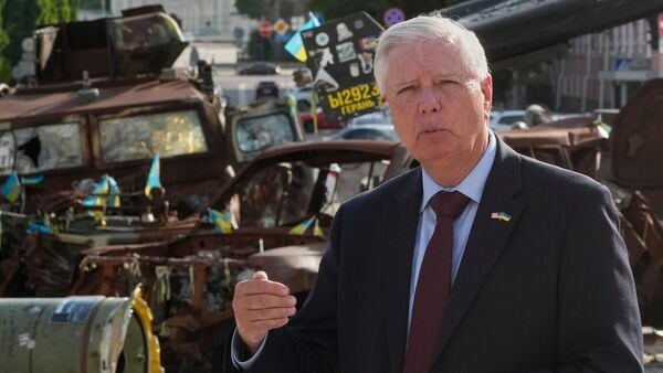 U.S. Sen. Lindsey Graham, R-S.C. answers questions from the media near an exhibition of damaged Russian vehicles in central Kyiv, on  July 10, 2026. (AP Photo/Efrem Lukatsky, File)